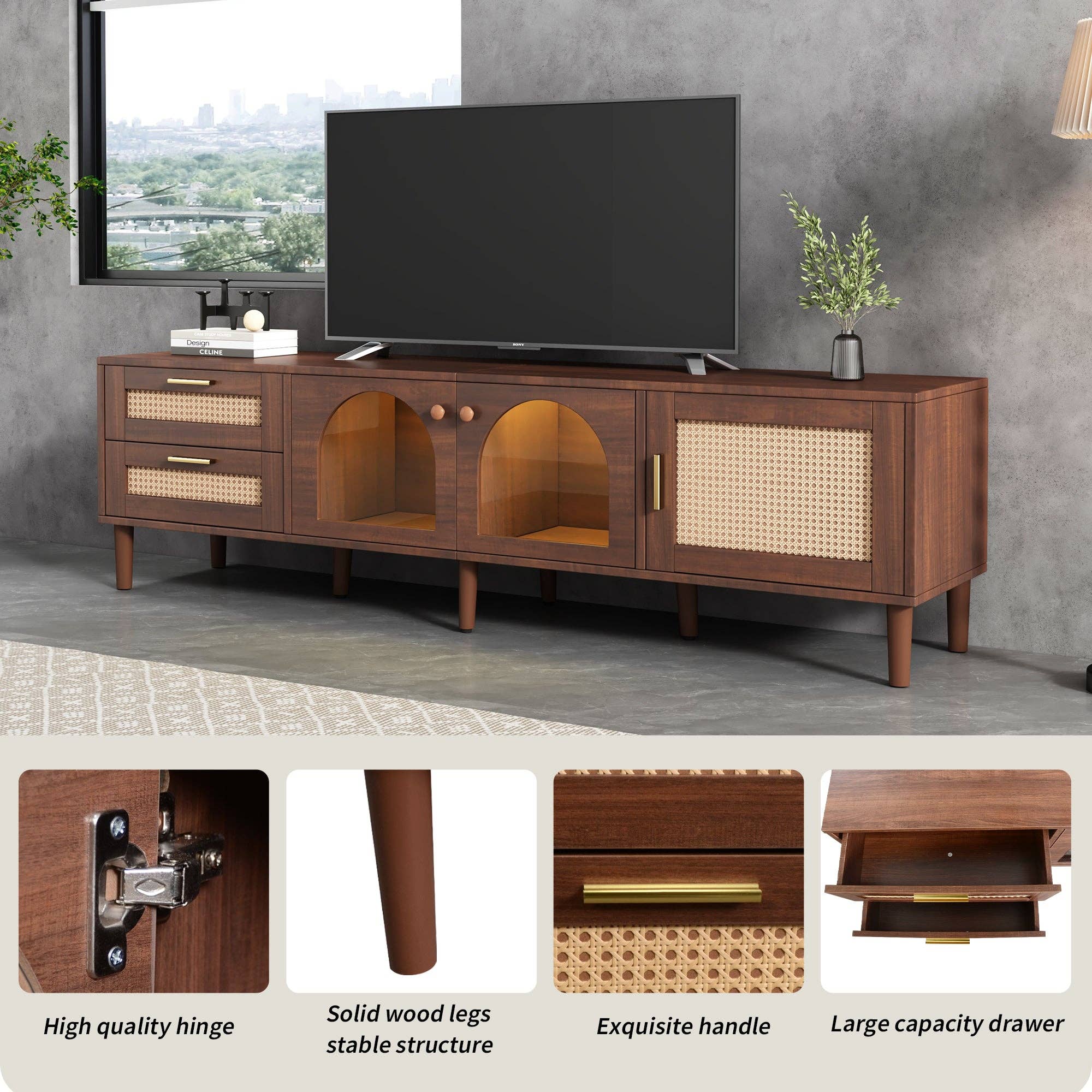 HOMYCASA DESIGN INC - Wholesale Console Table - Rattan TV Stand with LED Lights 3 Cabinets for 80" TVs14