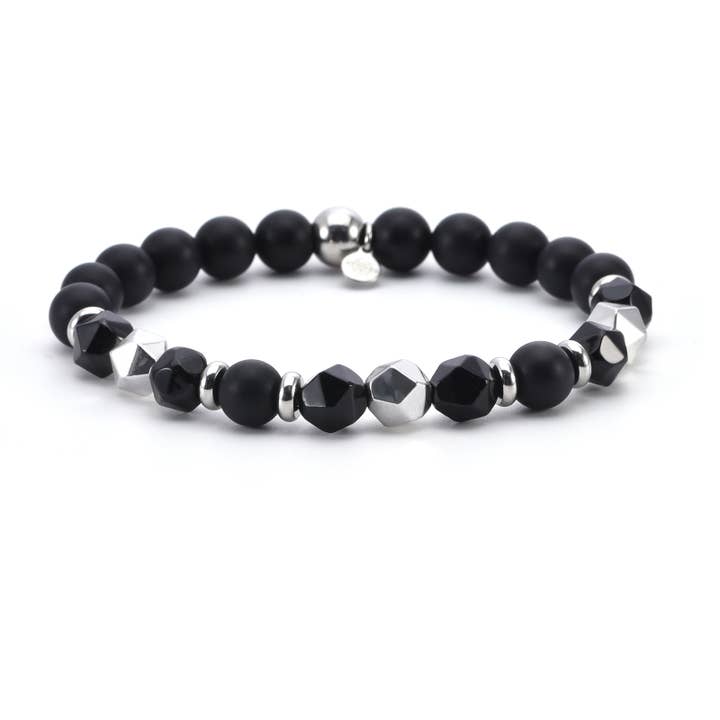 Black natural stone and hematite steel bracelet for wholesale by SIXTY STONES