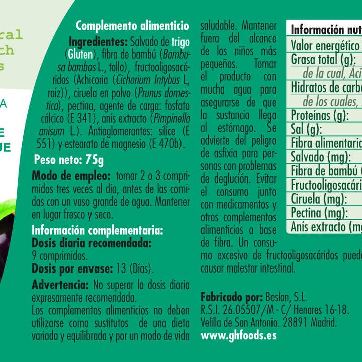Pridahofarma - Venta al por mayor Suplementos/vitaminas para beber - GHF Fibra con Pectina y Ciruela 125 comprimidos 600 mg