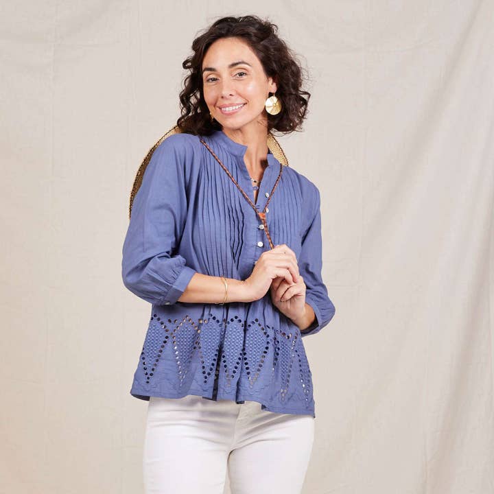 rockflowerpaper - Wholesale Tunic - Women's - Blue Pintuck Tunic With Eyelet Hem