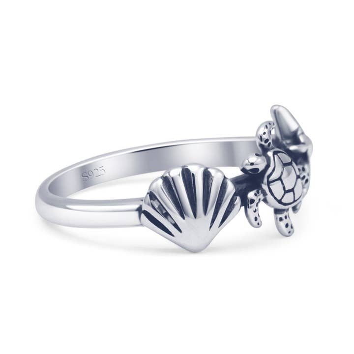 Sterling Silver Oxidized Seashell Turtle & Starfish Ring for wholesale on Faire