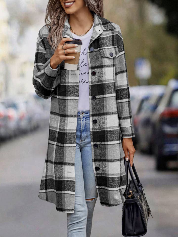 eLook - Wholesale Coat - Women's - SZ1-JK8211 Plaid Button Down Long Coat