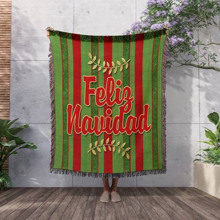 3dRose - Wholesale Throw Blanket - 3dRose, Feliz Navidad Spanish Festive Red and Green Striped Holiday Sprigs, Blanket2