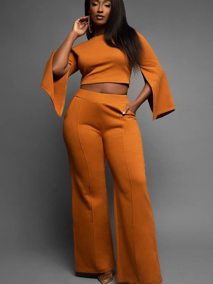 Nina Cheyenne Apparel - Wholesale Top & Pant Set (NOT Loungewear) - Women's - Raquel Carmel Side Slit Sleeve Pant Set2