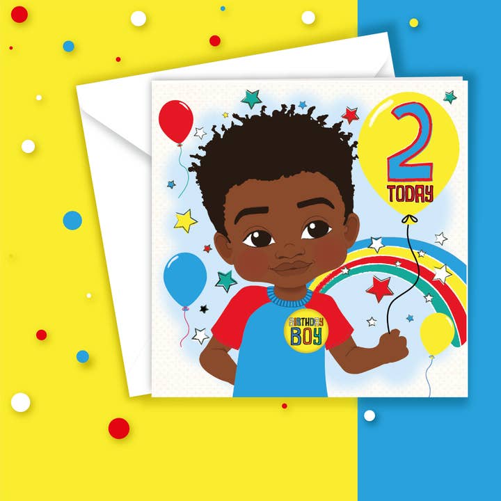 Second Birthday Card - Mixed Black Boy | Fefus designs for wholesale by Fefus Designs