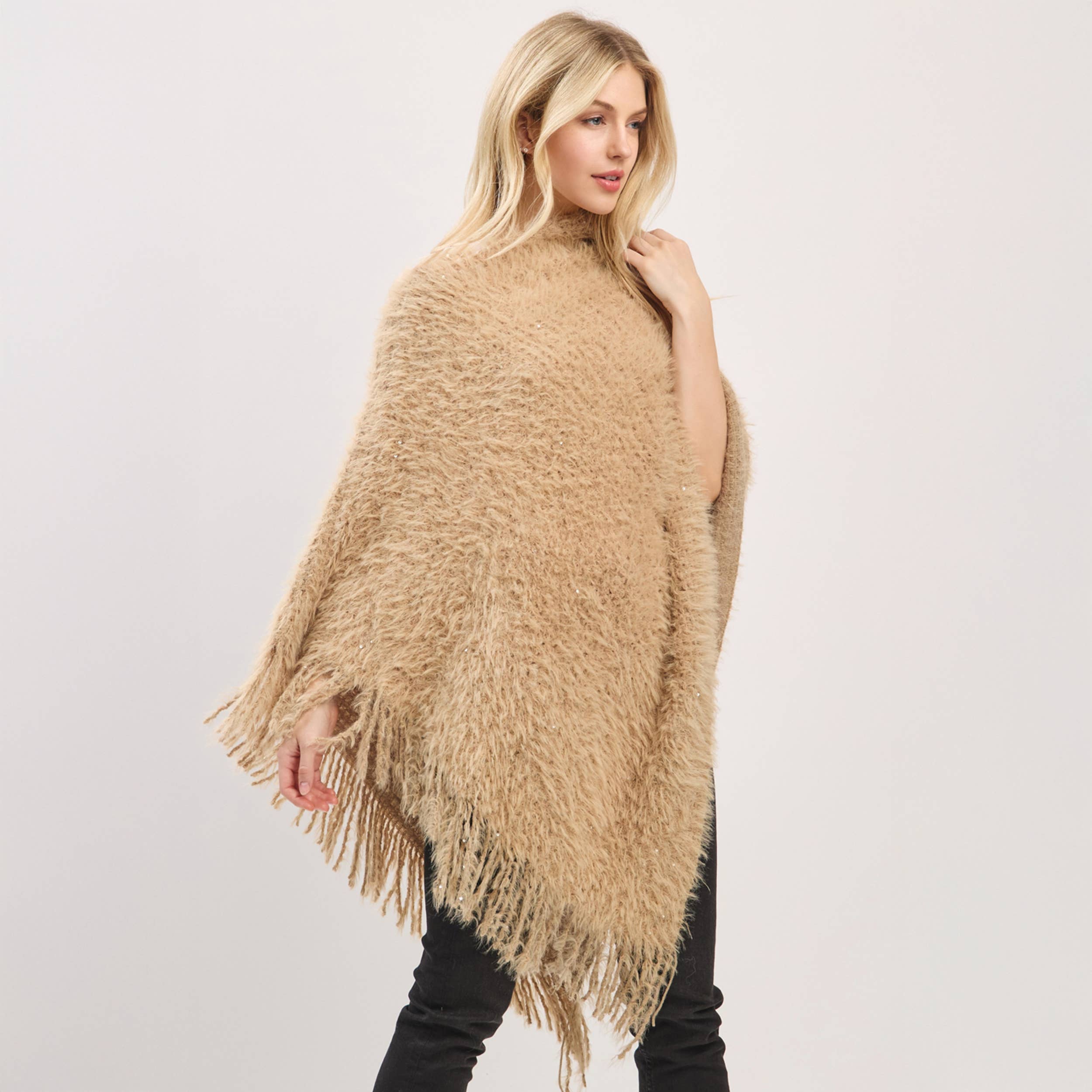 Hana – wholesale Poncho – Women's – Fuzzy Sequin with Fringe Light Weight Poncho18