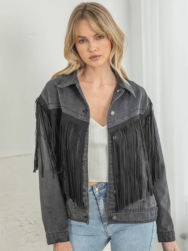 Denim fringe jacket for wholesale by Gypsie Jane