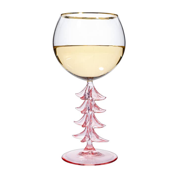 Bicchiere da vino con stelo a forma di albero di Natale rosa, 355 ml per la vendita all'ingrosso da parte di The Wine Savant / Khen Glassware