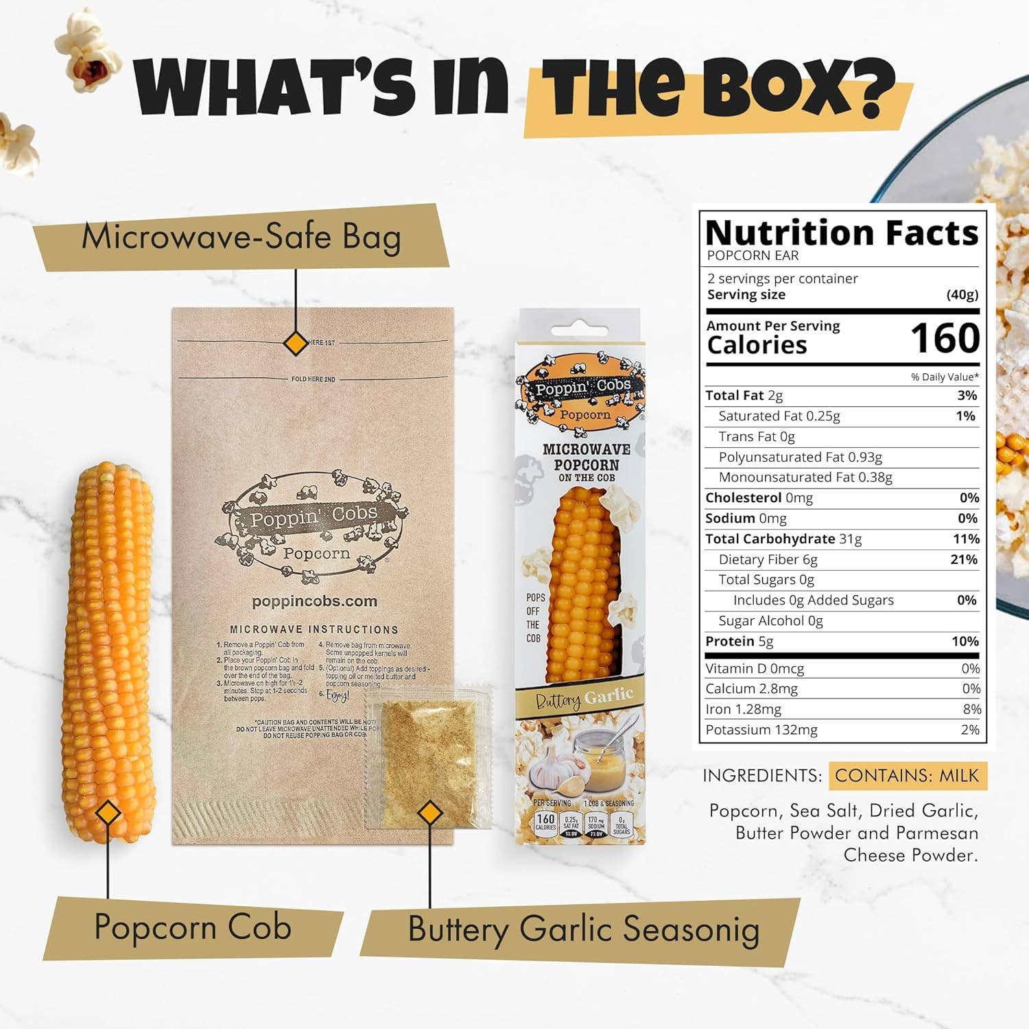 Poppin' Cobs Popcorn - Wholesale Popcorn - Popcorn on the Cob with Buttery Garlic Seasoning 1