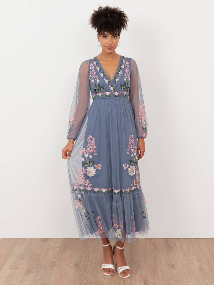 Maya Infinity Blue Embroidered Faux Wrap Maxi Sleeve Midaxi Dress for wholesale by Plaza Collection Ltd