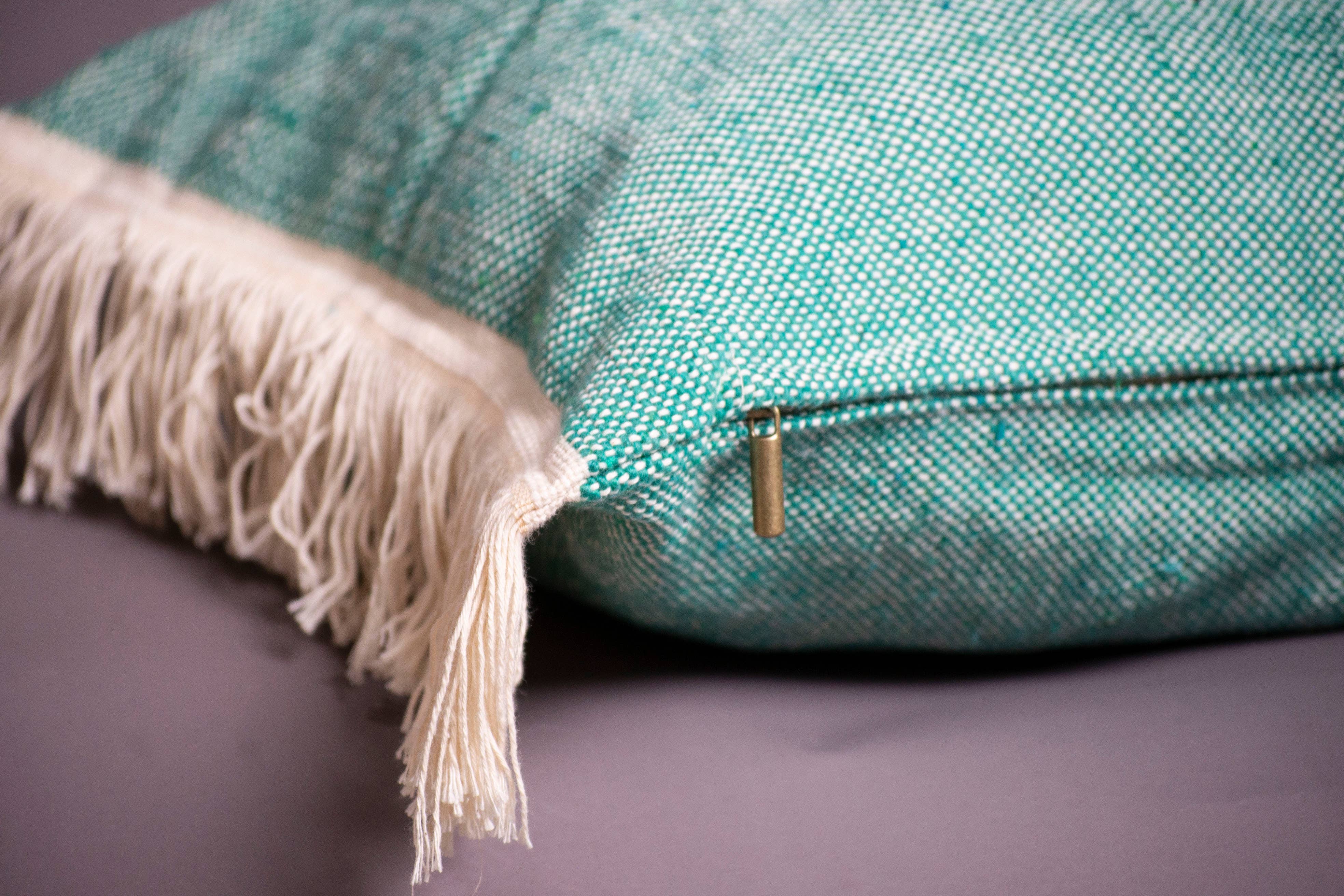 bazarifinagh - Wholesale Throw/Decorative Pillow - Handmade Moroccan Turquoise Pillow with Cream Fringe 40x60cm4