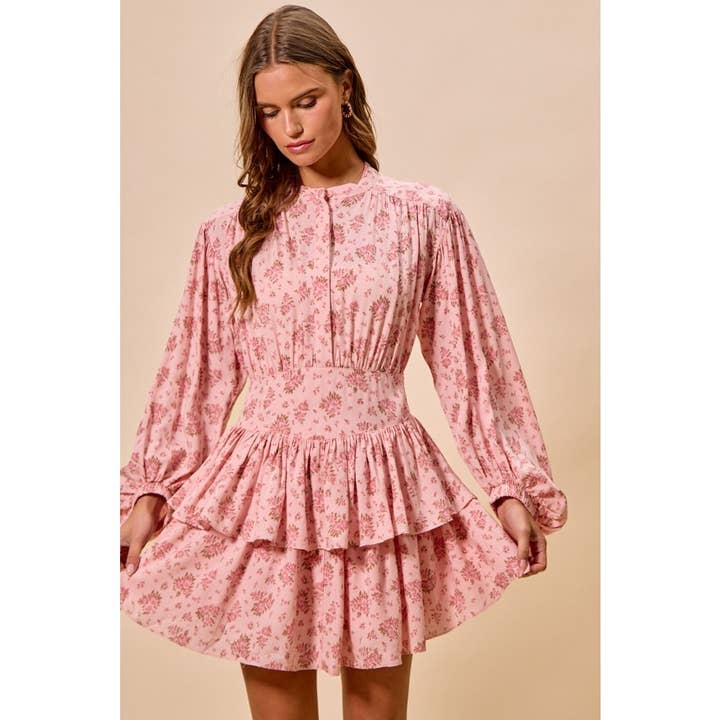 IVE - Wholesale Dress - Women's - Floral Woven Flutter Tiered Boho Shirt Mini Dress