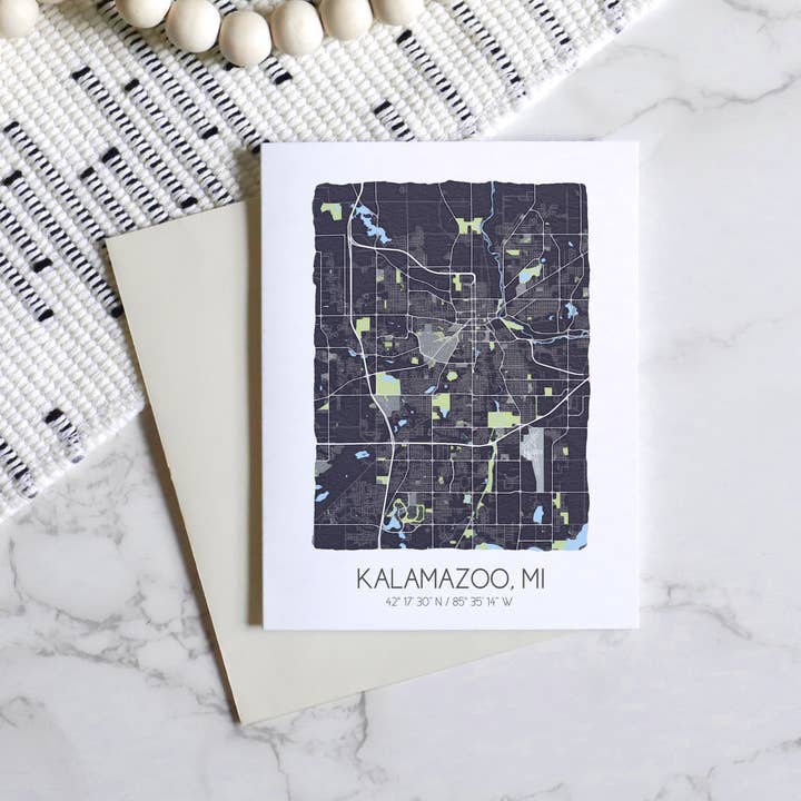 Kalamazoo Michigan greeting cards, custom city map cards for wholesale by Sparks House Co.