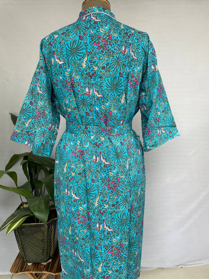 The Eastern Loom - Wholesale Kimono - Women's - Boho House Robe Summer Kimono Pure Cotton Aqua Hue Butterfly