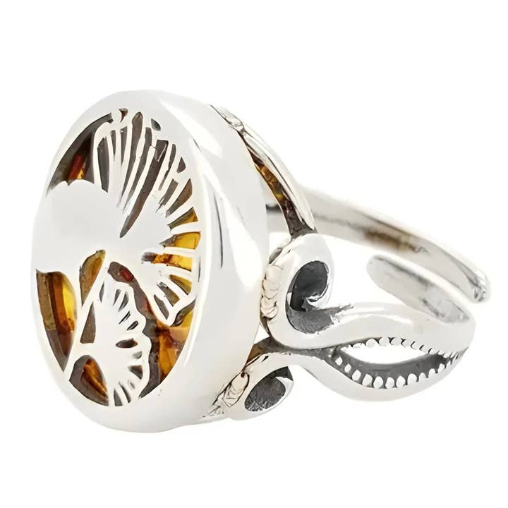 Ginkgo Leaf Cognac Anel Ajustável Anel Amber por atacado de Amberman