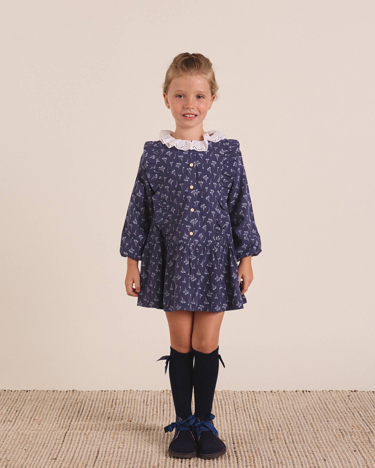 Dadati – wholesale Dress – Kids – Navy blue dress with floral print and ruffle collar9
