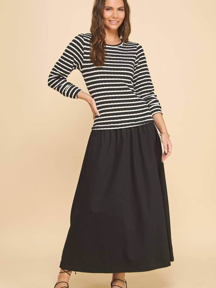 ISD1380 Abito Midi a Vita Bassa Hepburn a Righe Nero/Avena per la vendita all'ingrosso da parte di If She Loves