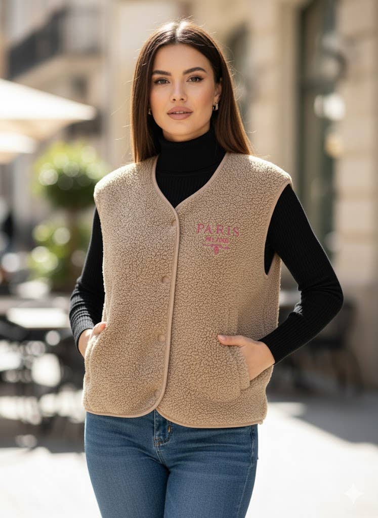 Taupe Vintage faux fur vest for wholesale on Faire0