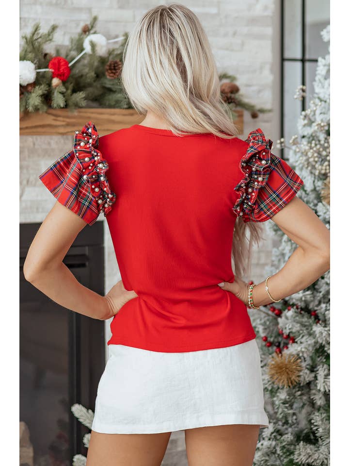 PRETTY BASH – wholesale T-shirt (utan tryck) – Dam – Rutig lappverk pärla t-shirt med volangärmar1