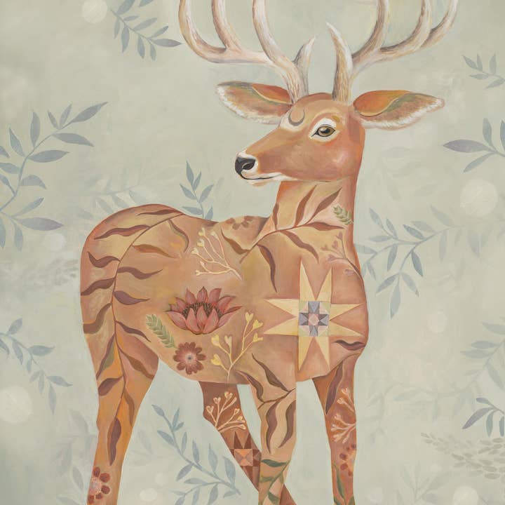 Meadow Sentinel – Deer with Floral & Quilt Art Print 12"x16" for wholesale by Matty Miller Studio