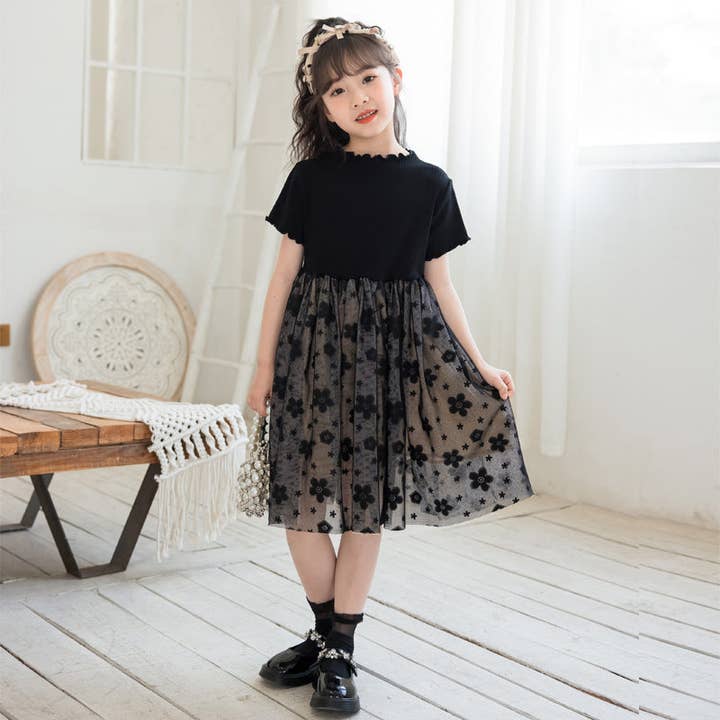 Robe en maille noire unie à manches courtes pour enfants et filles pour la vente par MyKids-USA®