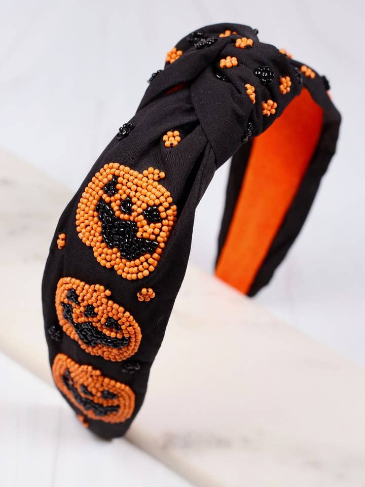 Jack o Lantern Beaded Headband BLACK for wholesale by Caroline Hill