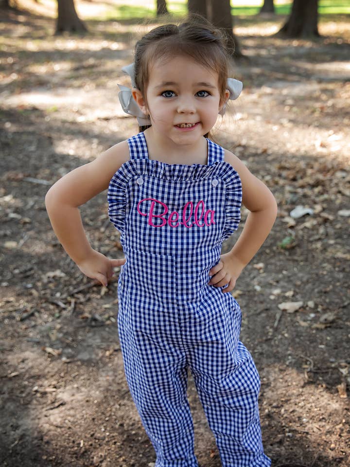 Girls Ruffle Longall- NAVY GINGHAM for wholesale by Love That Cotton