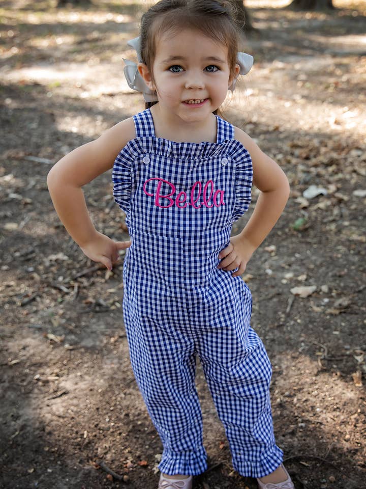 Girls Ruffle Longall- NAVY GINGHAM for wholesale by Love That Cotton