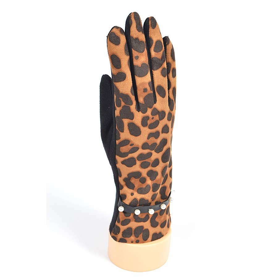 LEOPARD PRINT PEARL ACCENT SMART GLOVES for wholesale on Faire0