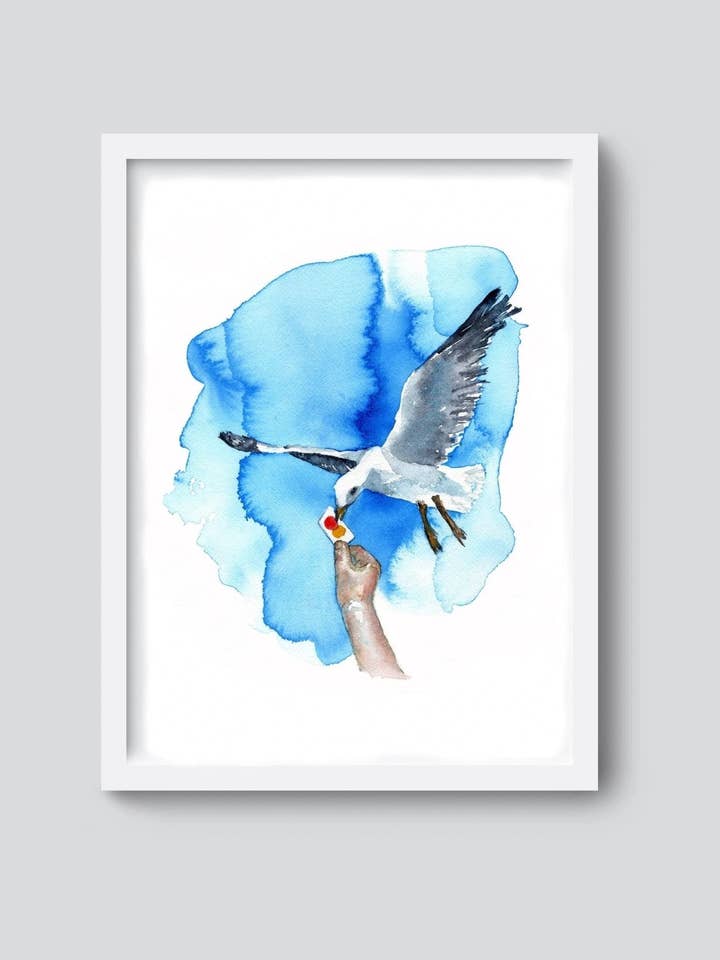 "Gull Card" (fun bird art print) for wholesale by davidkjonesart