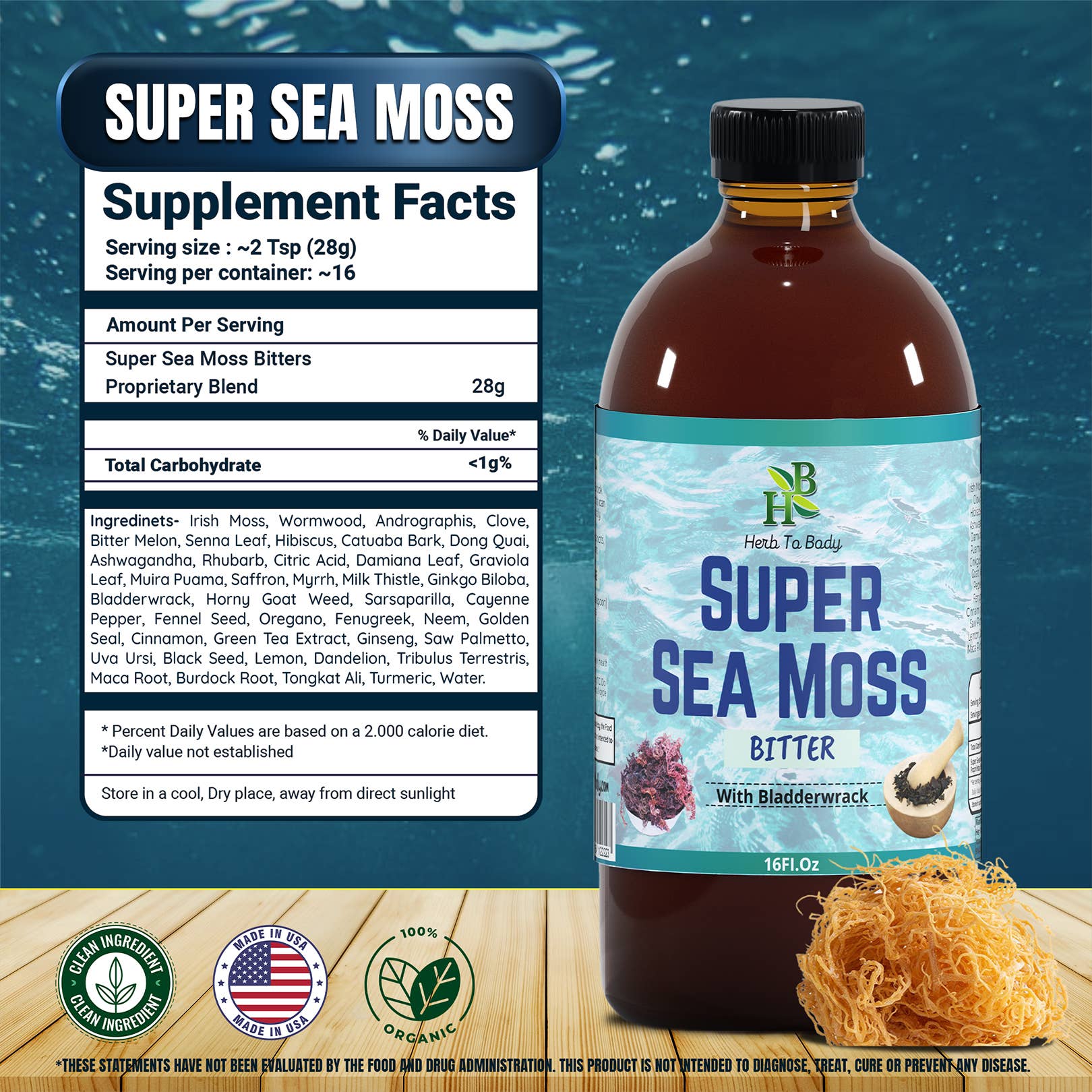Herb To Body - Venta al por mayor Suplementos/vitaminas para beber - Super Sea Moss Bitter - 16oz | Tónico Herbal Ecológico5