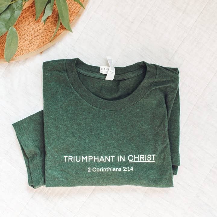 Common Grace Print Shop - Wholesale Screen Printed T-Shirt - Women's - Triumphant in Christ UNISEX Short-Sleeve T-Shirt (Color: Heathered Emerald)1