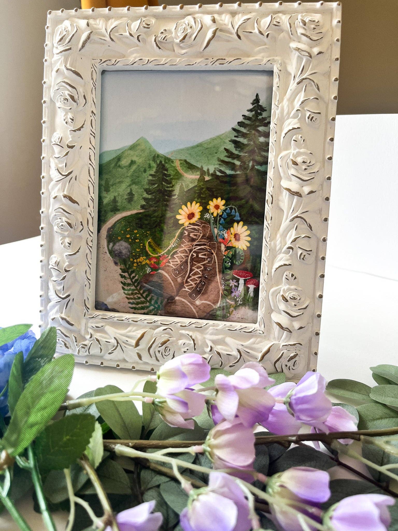 glad you're here co - Wholesale Art Print - Forest Journey Art Print – Hiking Boots & Wildflower Scene | Satin-Finish Photo Paper, 5×7 • 8×10 • 11×14 (Quote Option Available)7