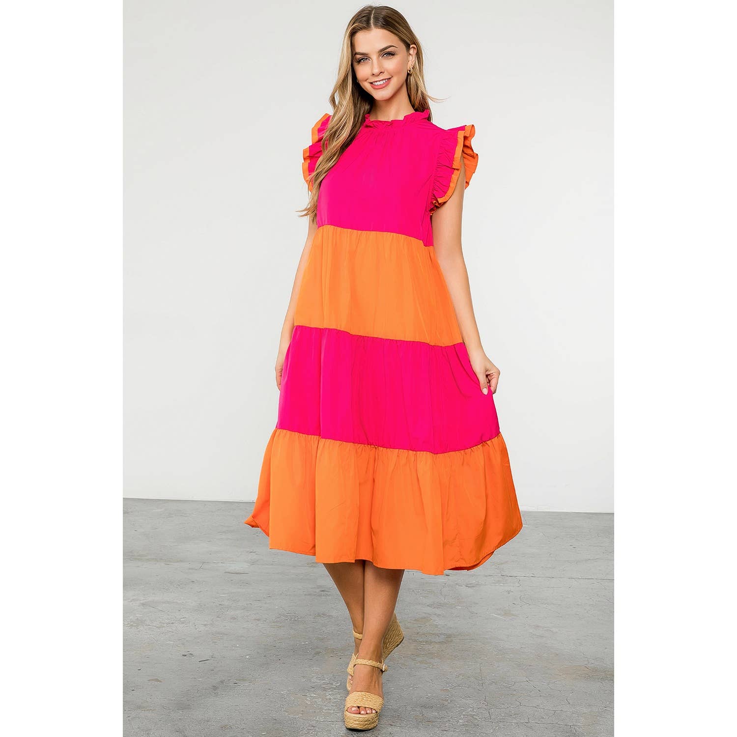 MAGENTA Färgblockerad Midiklänning i Poplin för wholesale på Faire3