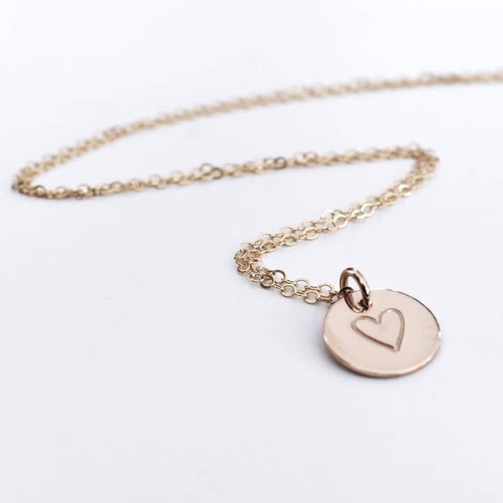 Hand Stamped Heart Charm Necklace - 14KGF Half-Inch Round for wholesale by E. Ria Designs, LLC