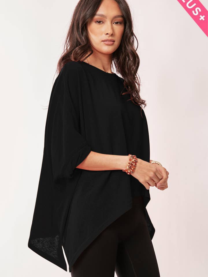 Davi & Dani - Wholesale Lounge Top - Women's - PLUS DROP SHOULDERS BATWING SLEEVE SIDE SLIT TOP1
