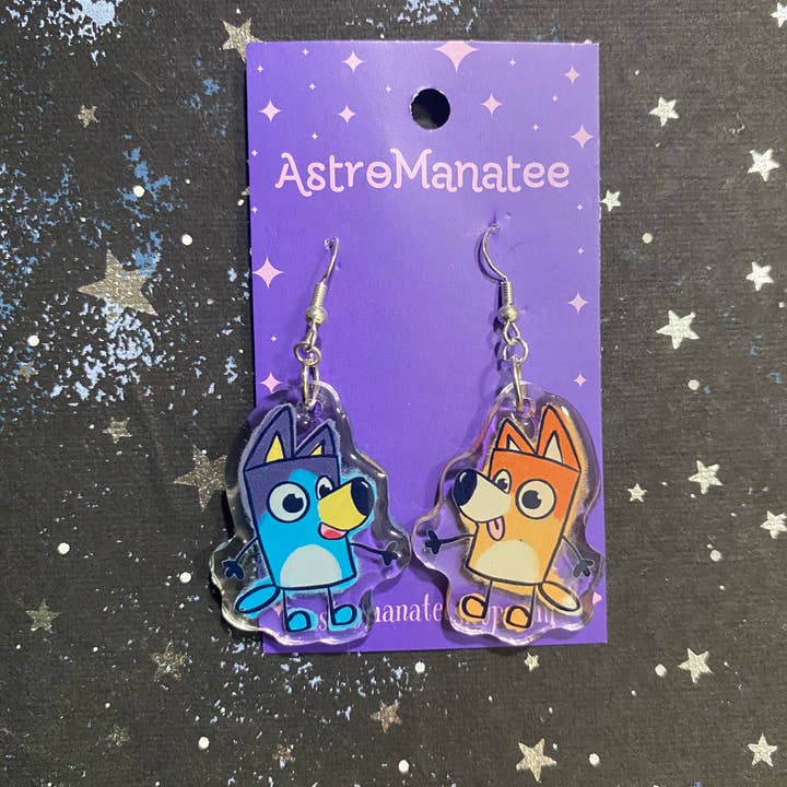 AstroManatee Shop - Wholesale Hangende/ronde oorbellen - Bluey and Bingo Earrings//schattige oorbellen voor leerkrachten2