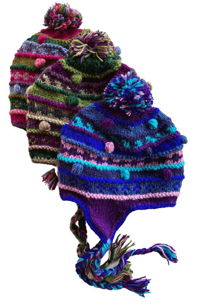 Ganesh Himal Trading – wholesale Beanie – Women's – Wool Knit Earflap Hat w/Stripes & Babbles, fleece lined4