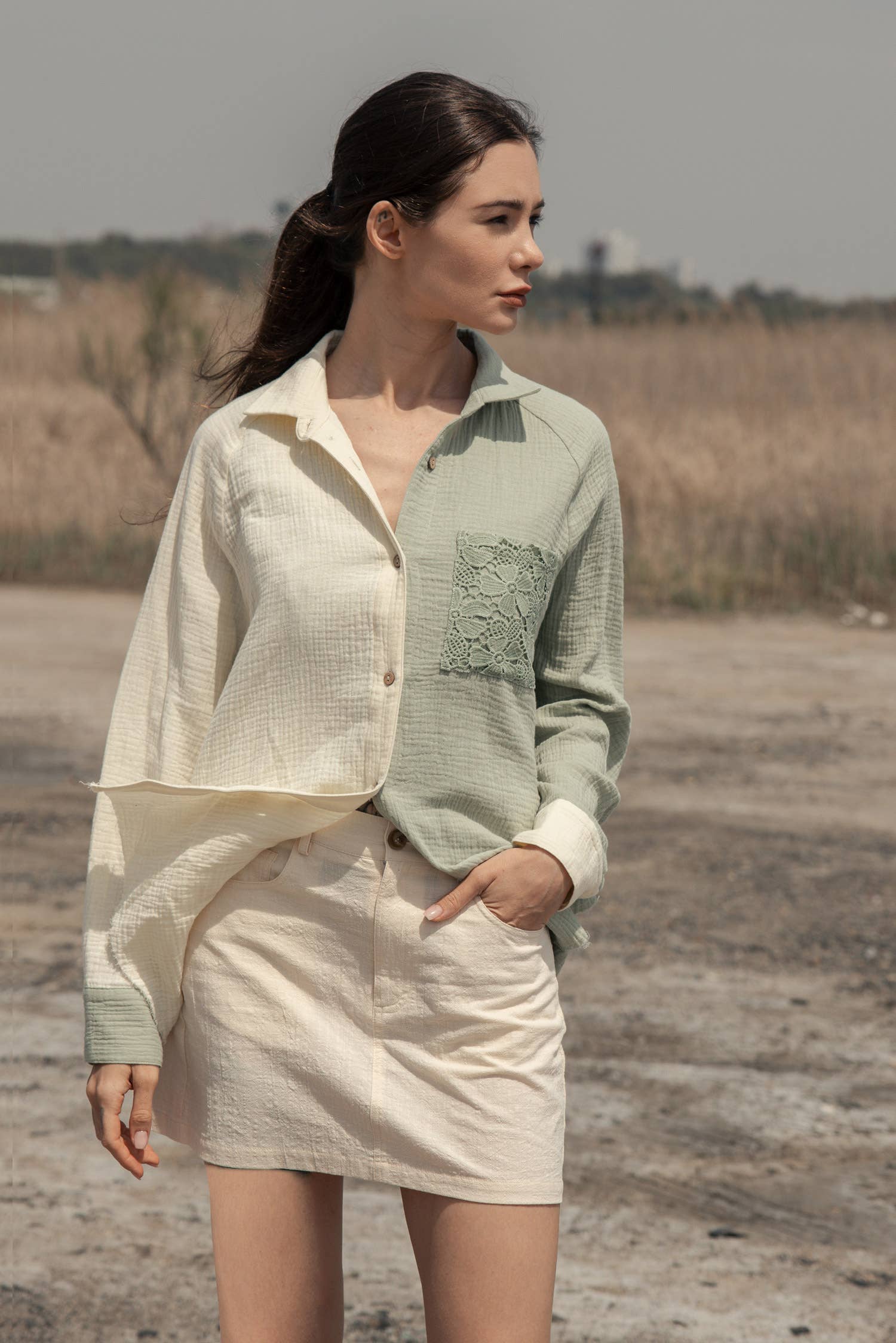 Mint Ivory Color Block Button Down Shirt with Lace Pocket for wholesale on Faire1