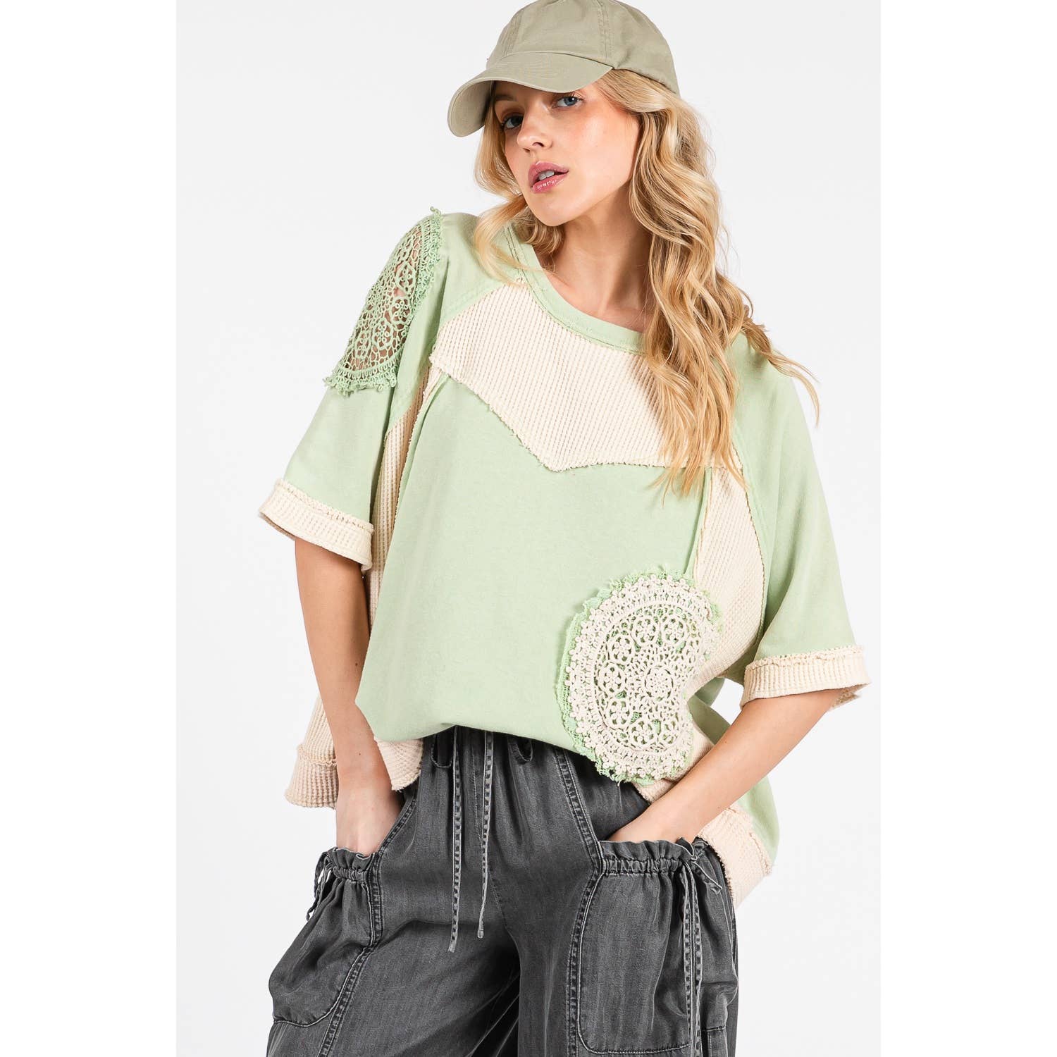 Sage VINTAGE CROCHET PATCHWORK TOP (ST7715) for wholesale on Faire6