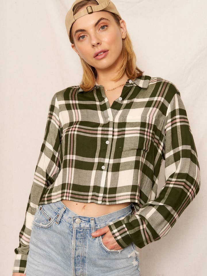 Cropped Button Down Long Sleeve Plaid Shirt for wholesale by En Crème