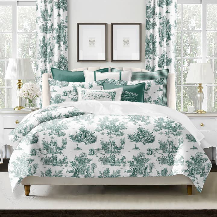 Jardin Du Jouy Toile Evergreen Designer Duvet Cover Set for wholesale by 6ix Tailors Fine Linens