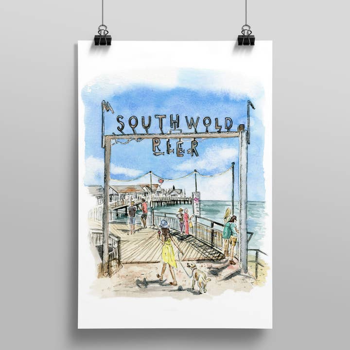 Southwold Pier Suffolk Originele Aquarel Kunstdruk voor wholesale door Jessica Kendrew Fine Art