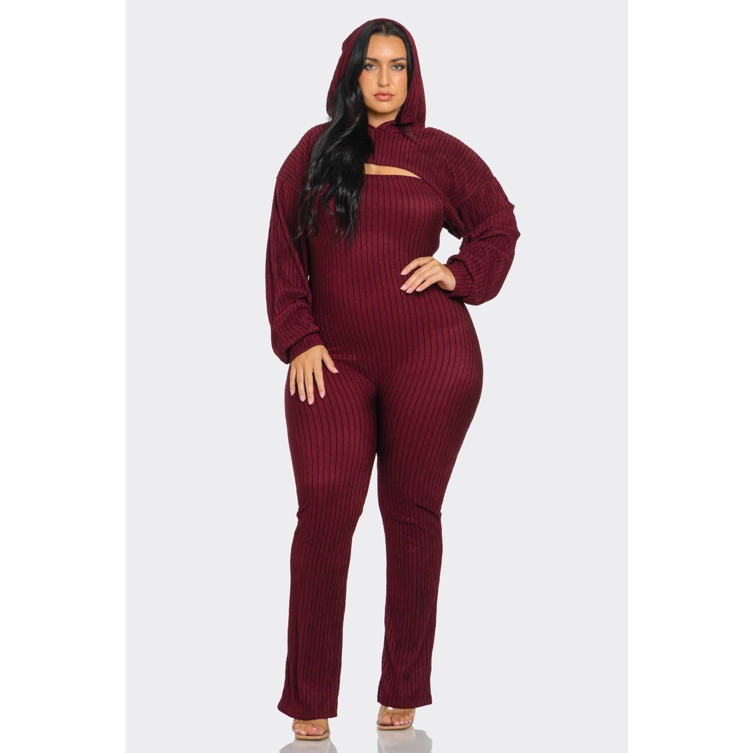Black Pearl Clothing - Wholesale Top & Pant Set (NOT Loungewear) - Women's - STRIPED HOOD JUMPSUIT PLUS SET

5