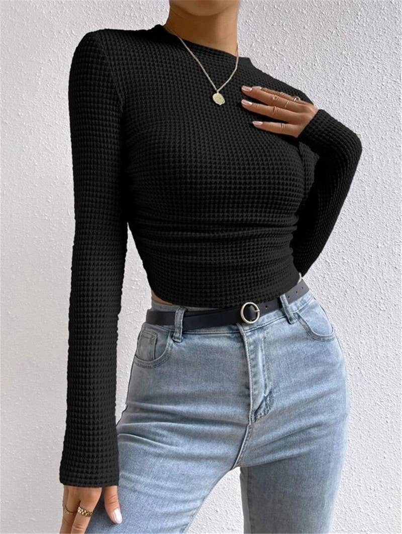 Rosa Clothing - Wholesale Knit Top - Women's - Waffle slim fit crewneck long sleeve t-shirt6