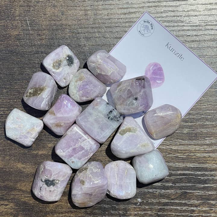 Kunzite Tumbled Crystals 100gms With Info Cards for wholesale by BellaMira Home