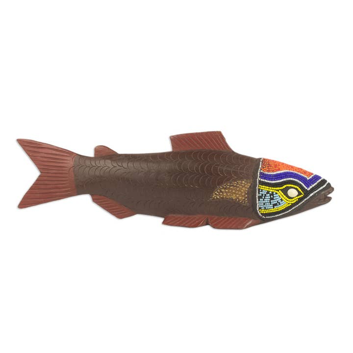 Novica Handmade Tribal Salmon Beaded Wood Sculpture for wholesale by NOVICA
