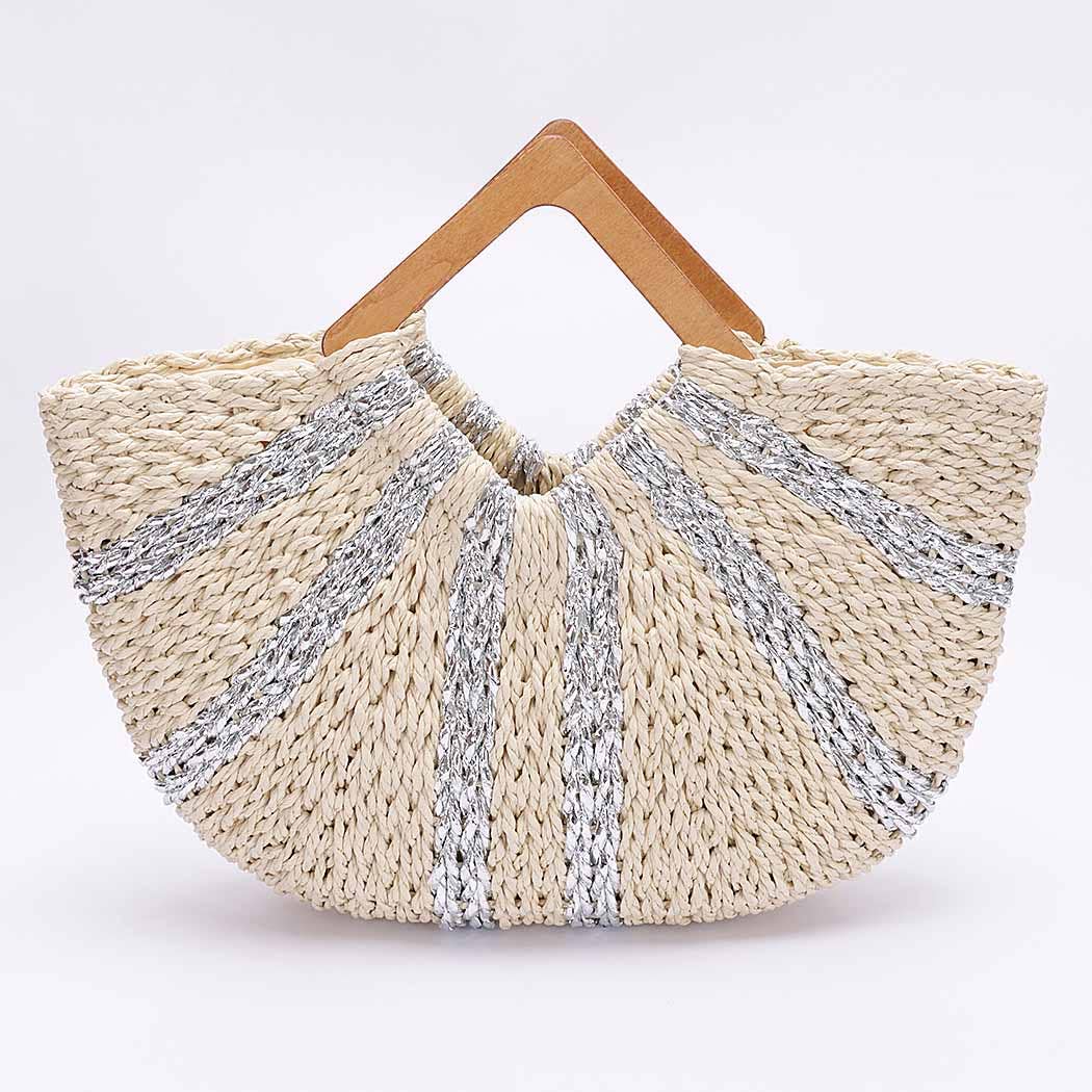 3AM BY H&D ACCESSORIES - Vendita all'ingrosso Borsa da spiaggia - Borsa artigianale effetto paglia con manico in legno e righe metalliche0