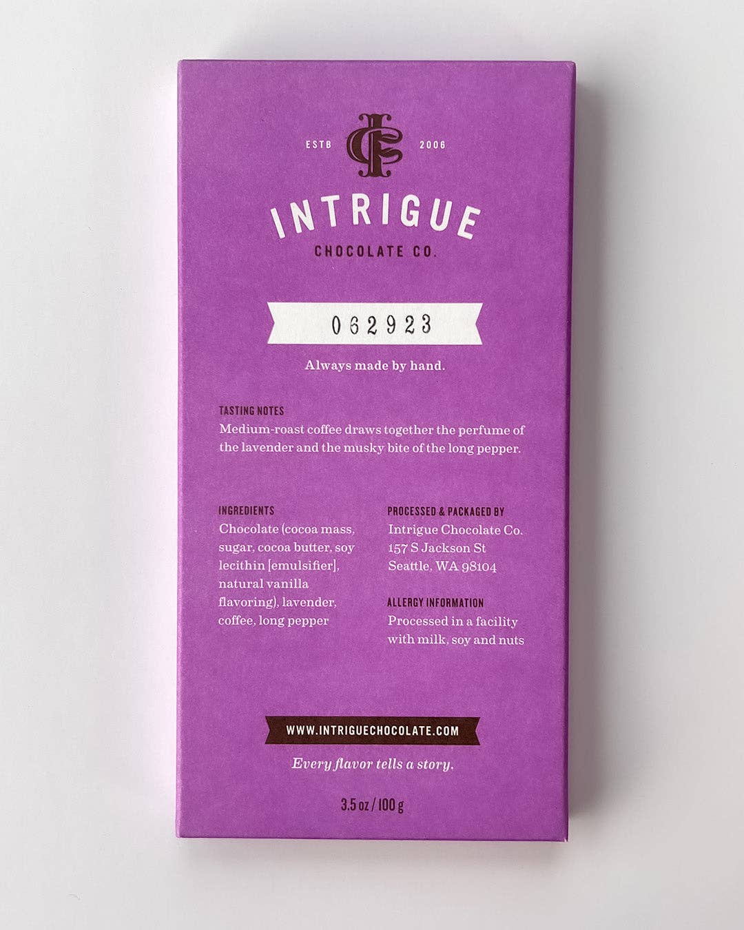 Intrigue Chocolate Co. - Wholesale Chocolate Bar - Lavender, Coffee, Long Pepper Bar2