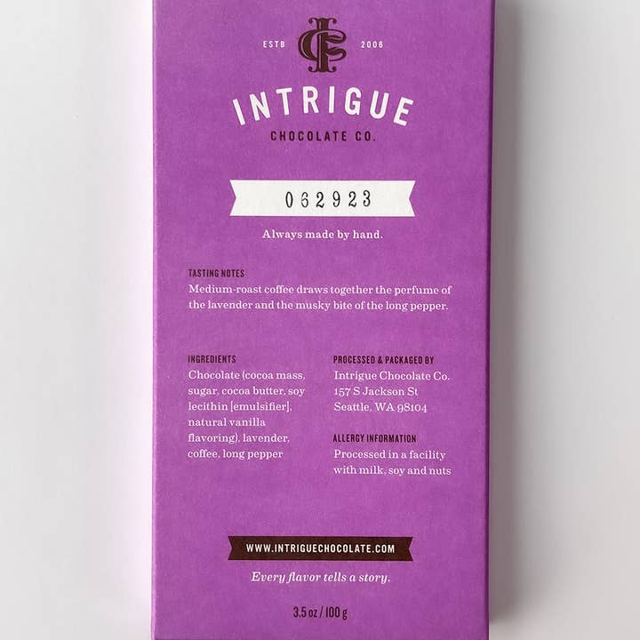 Intrigue Chocolate Co. - Wholesale Chocolate Bar - Lavender, Coffee, Long Pepper Bar2